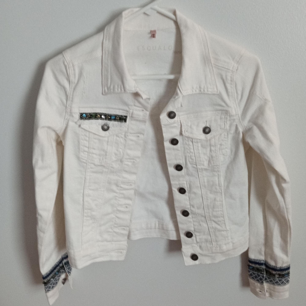 White Denim Jacket with Embellished Trim. Size 4. Esqualo Brand